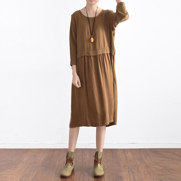 khaki long sleeve summer dress casual plus size silk maxi dresses long sleeve sundress - Omychic