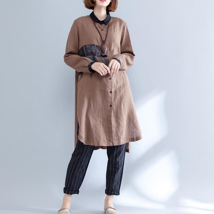 khaki patchwork linen blouse loose side open shirt long sleeve tops - Omychic