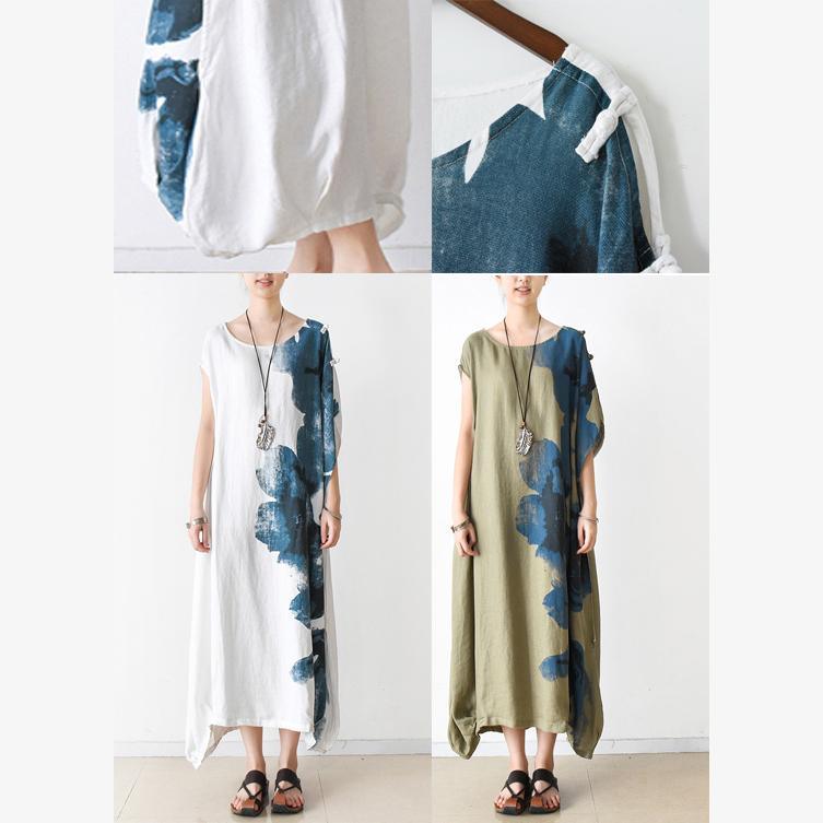 khaki print maxi dress loose casual linen sundress vintage short sleeve dresses - Omychic