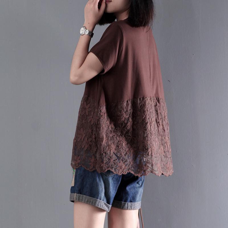 khaki pullover cotton tops patchwork short sleeve blouse oversize casual t shirt - Omychic
