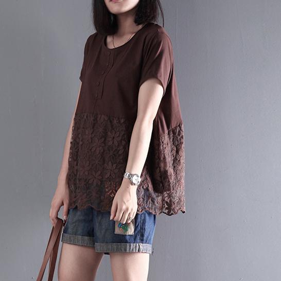 khaki pullover cotton tops patchwork short sleeve blouse oversize casual t shirt - Omychic