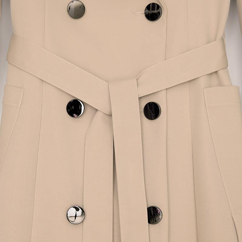 khaki solid color cotton long coat long sleeve tie waist elegant maxi trench coats - Omychic