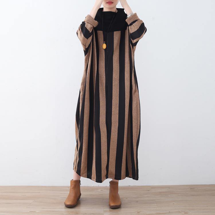 khaki striped long sweaters Loose fitting patchwork pullover Fine high neck winter dresses - Omychic