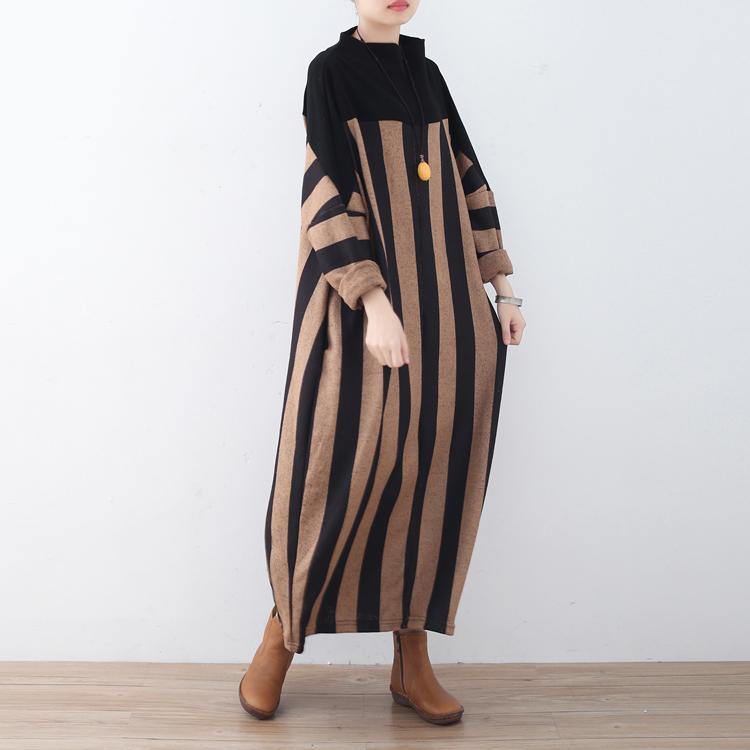 khaki striped long sweaters Loose fitting patchwork pullover Fine high neck winter dresses - Omychic