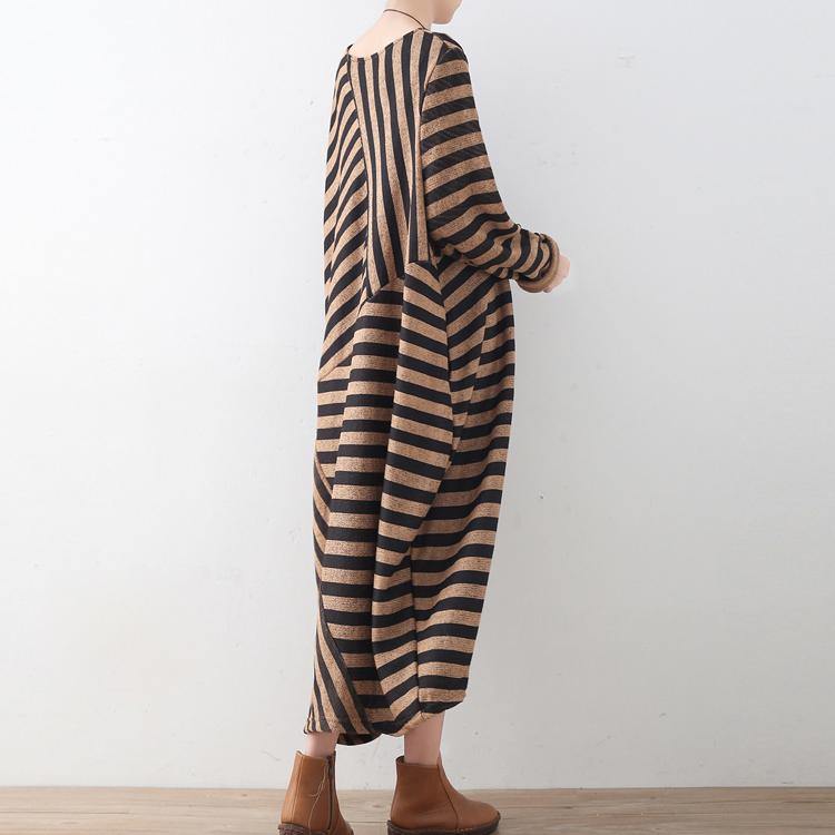khaki striped sweater dress oversized o neck patchwork winter dresses - Omychic