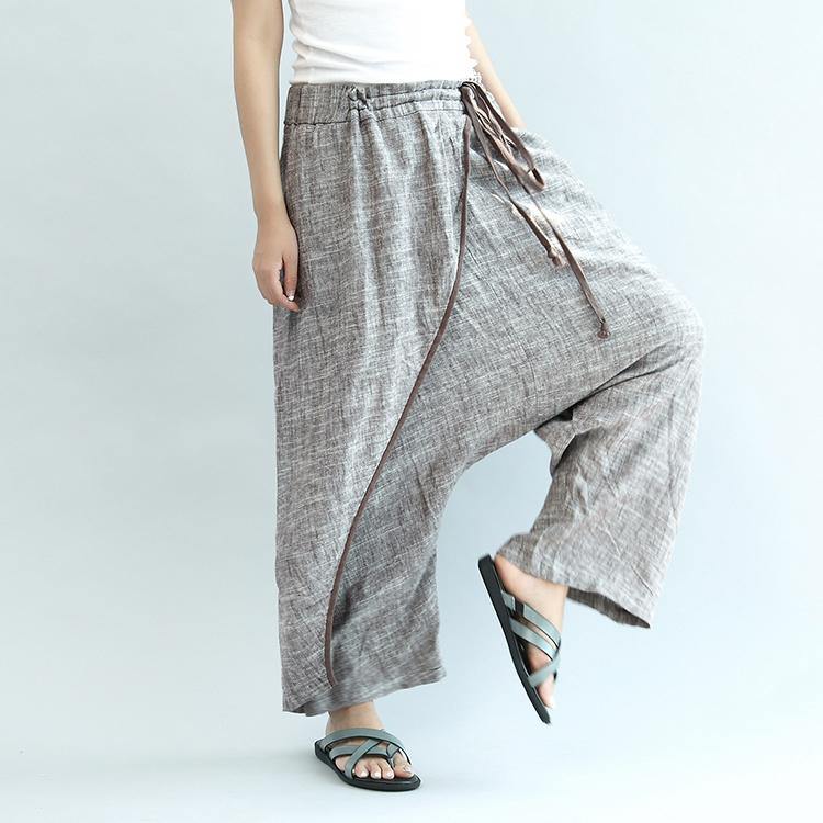 gray tylish linen pants oversize elastic waist traveling dresses - Omychic