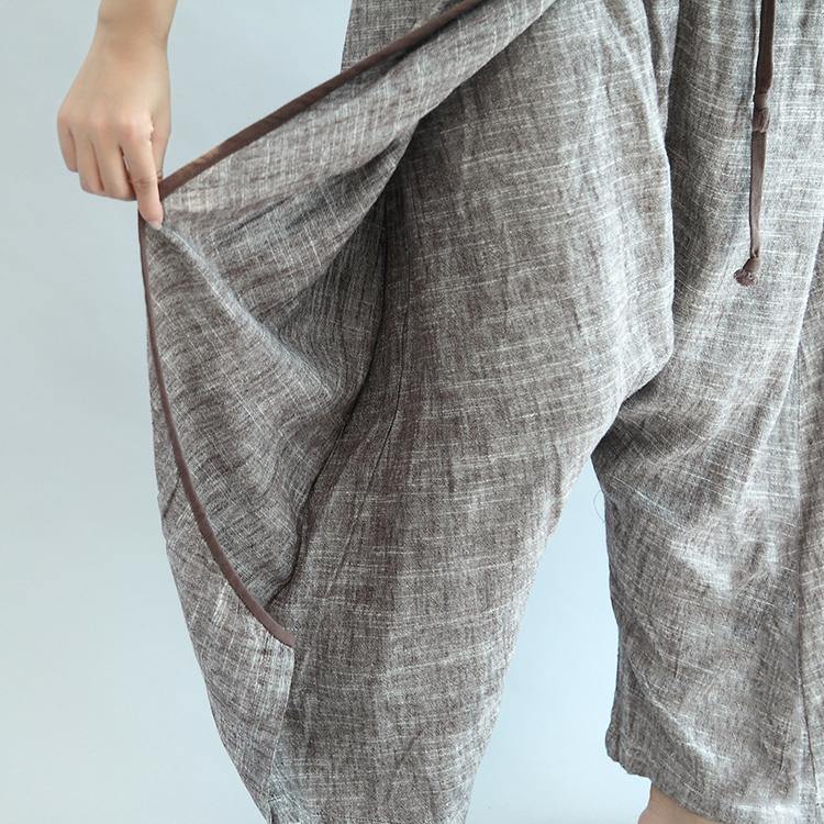 gray tylish linen pants oversize elastic waist traveling dresses - Omychic