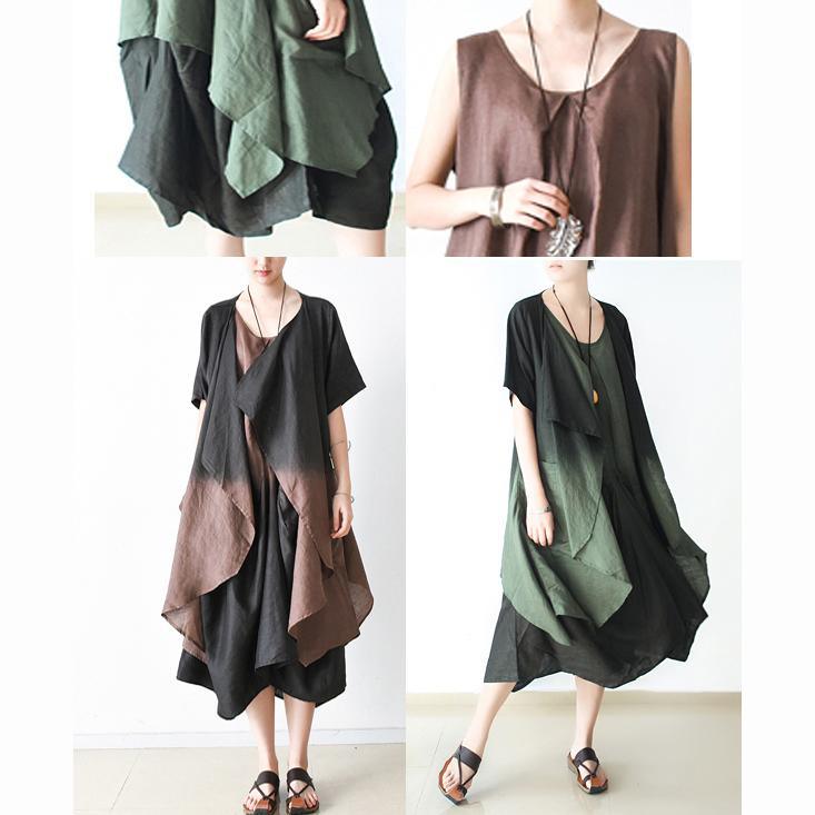 khaki summer linen dress oversize casual sundress short sleeve two pieces maxi dresses - Omychic
