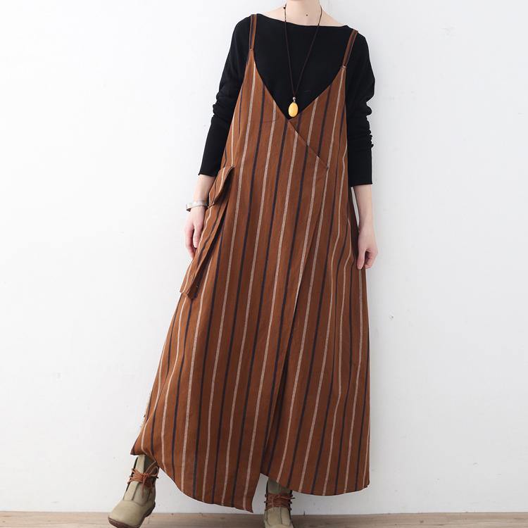 khaki yellow striped  linen dresses plus size big pockets cotton dress boutique sleeveless linen dresses - Omychic