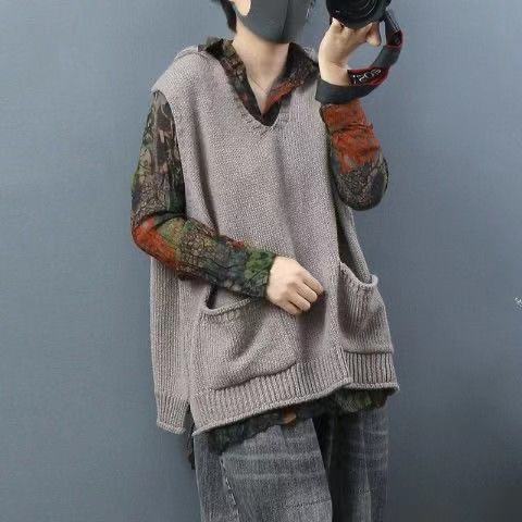 Loose Large Size Literary Hooded Knit Waistcoat Sweater Coat