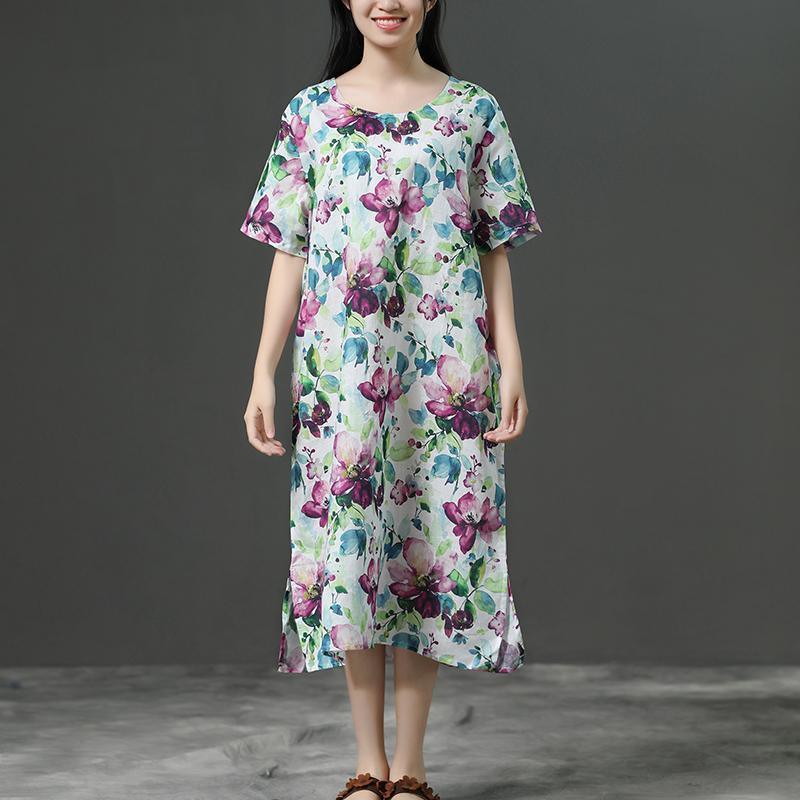 Short Sleeve Casual Loose Flower Linen Dress - Omychic