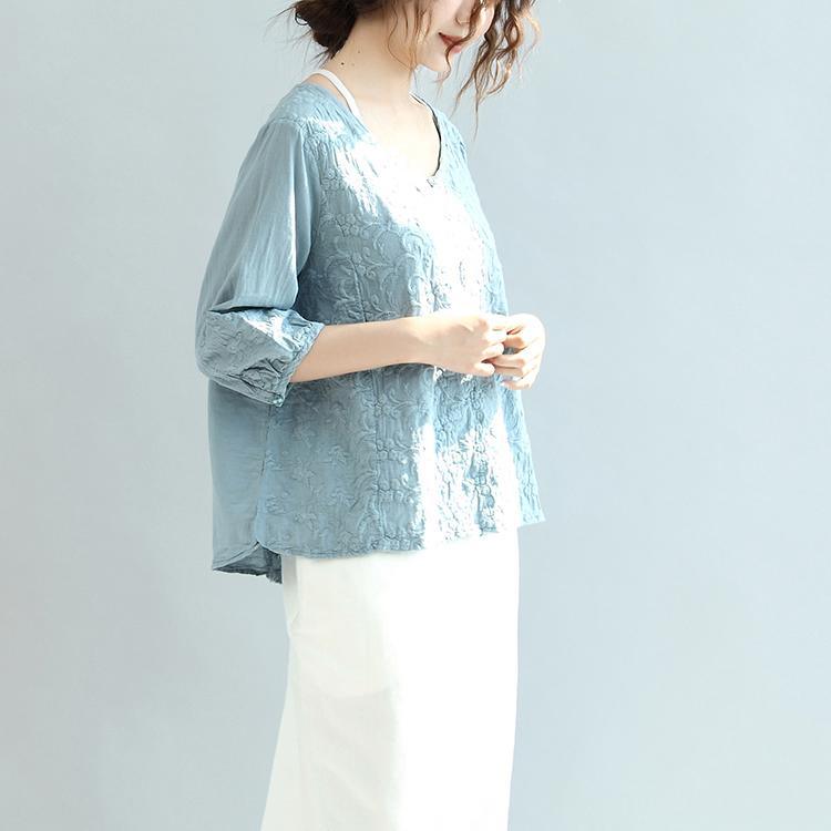 light blue cute embroidery blouse oversize stylish cardigans casual o neck tops - Omychic