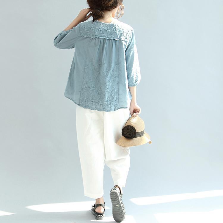 light blue cute embroidery blouse oversize stylish cardigans casual o neck tops - Omychic