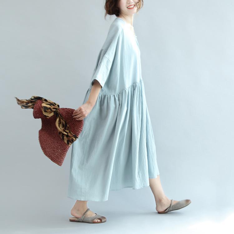 light blue linen summer dresses plus size large hem sundress half sleeve maxi dress - Omychic