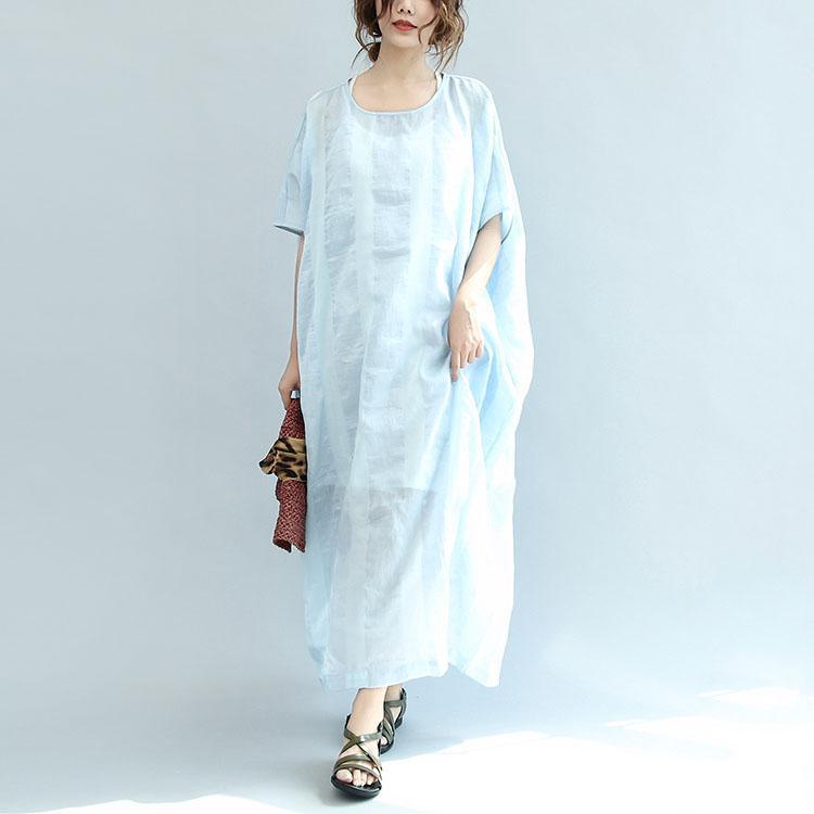 light blue stylish linen dresses plus size casual sundress short sleeve cotton maxi dress - Omychic