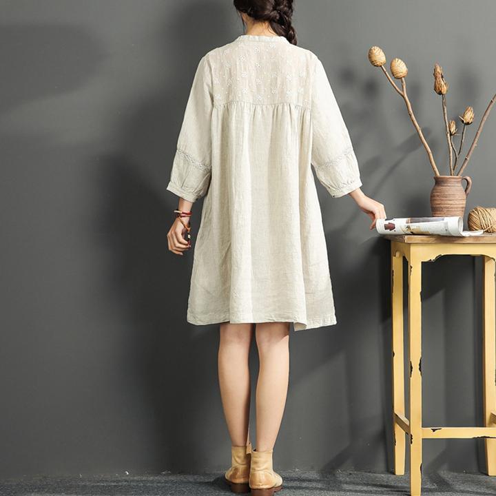 light gray embroidery summer dress oversize hollow out linen dress - Omychic