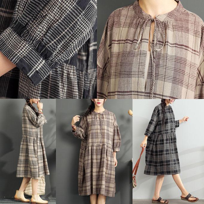 light gray linen dresses summer plaid cotton maxi dress bracelet sleeved sundress - Omychic