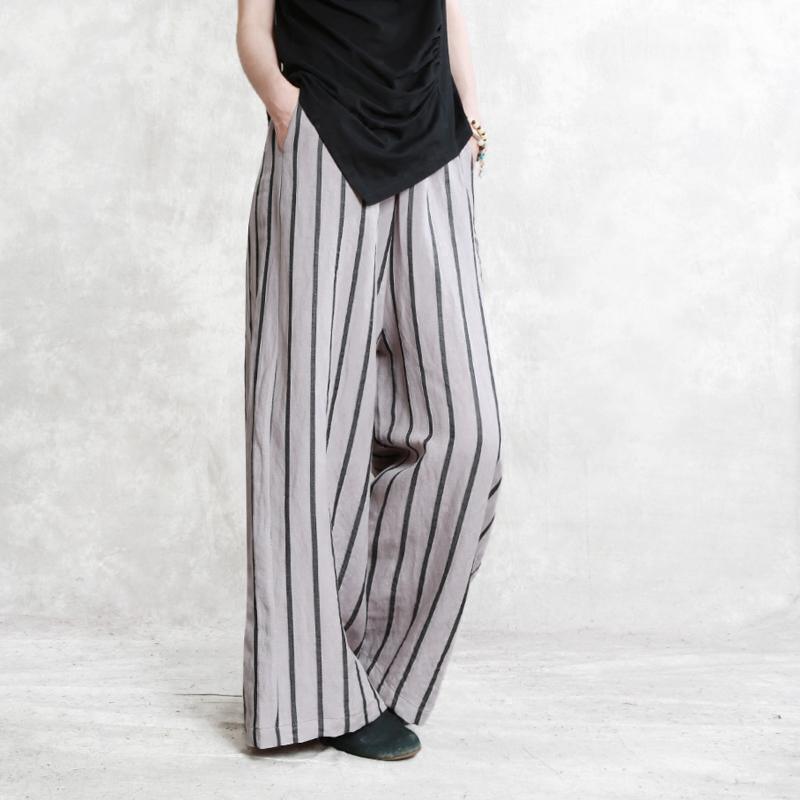 light gray women casual linen pants elastic waist striped straight trousers - Omychic