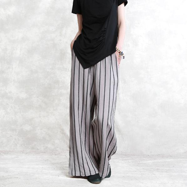 light gray women casual linen pants elastic waist striped straight trousers - Omychic