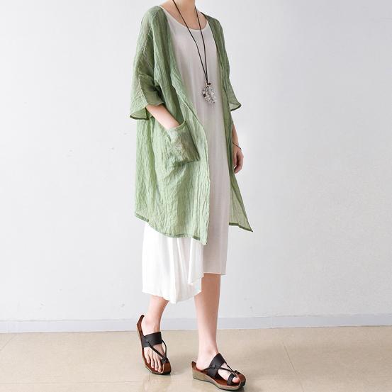 light green linen coat plus size casual blouse bracelet sleeved cardigans - Omychic