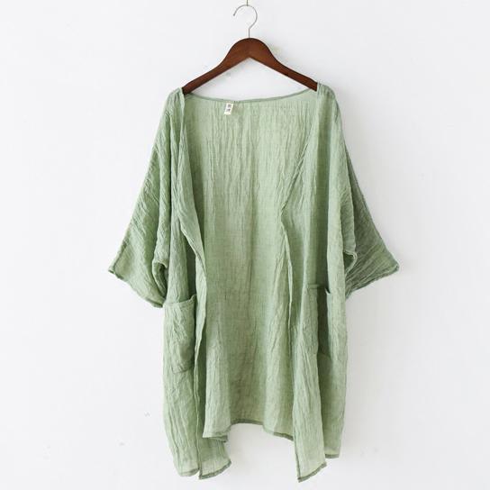 light green linen coat plus size casual blouse bracelet sleeved cardigans - Omychic