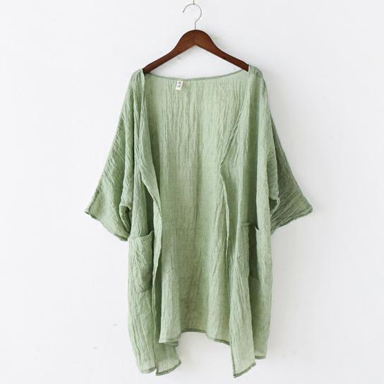 light green linen coat plus size casual blouse bracelet sleeved cardigans - Omychic