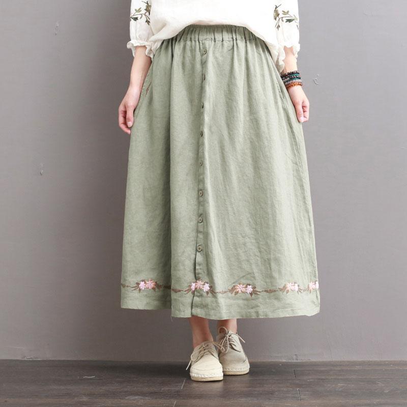 light green summer cotton skirt embroidery linen a line skirts - Omychic