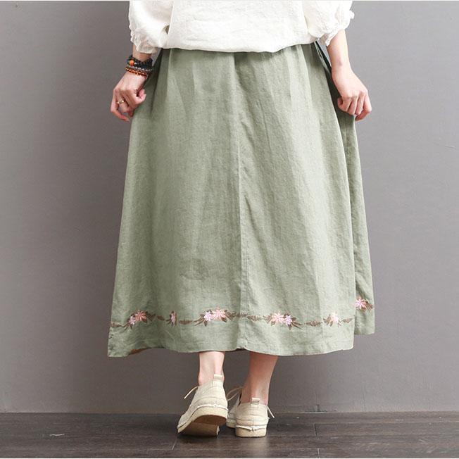light green summer cotton skirt embroidery linen a line skirts - Omychic