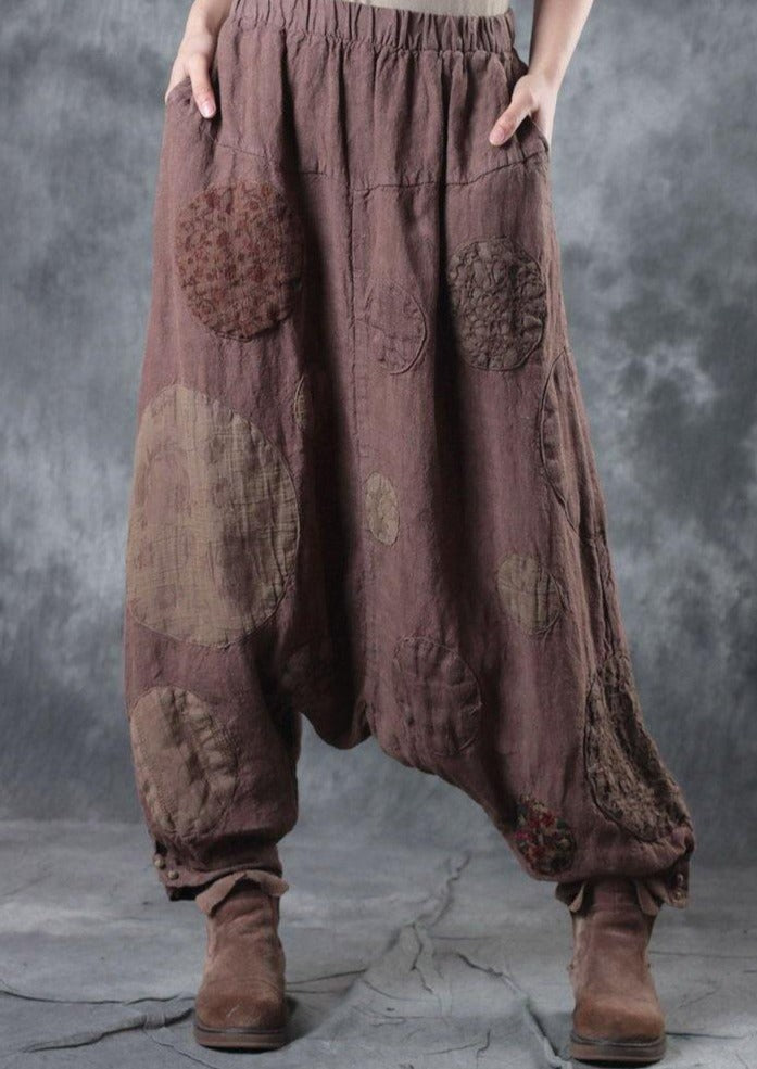 light knaki casual linen pants oversize patchwork wide leg pants - Omychic