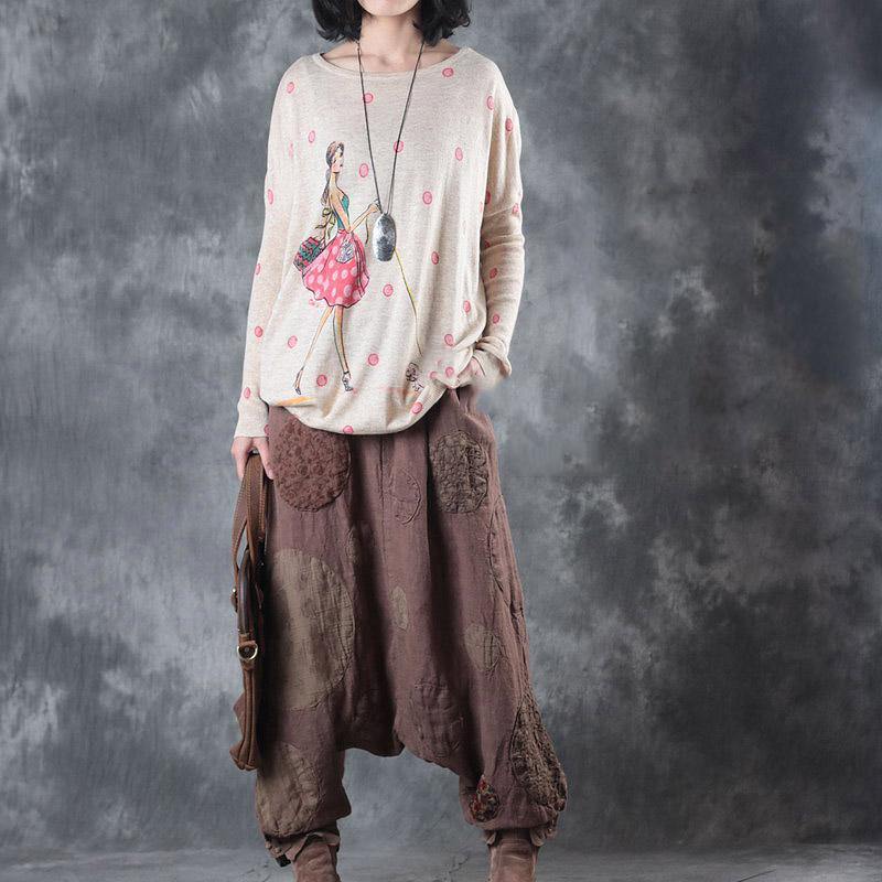 light knaki casual linen pants oversize patchwork wide leg pants - Omychic