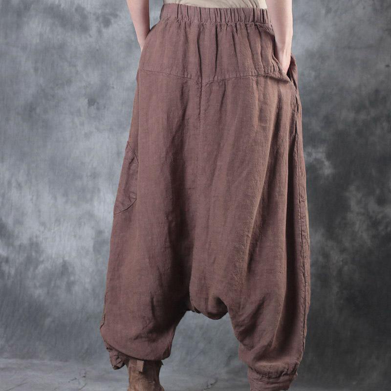 light knaki casual linen pants oversize patchwork wide leg pants - Omychic