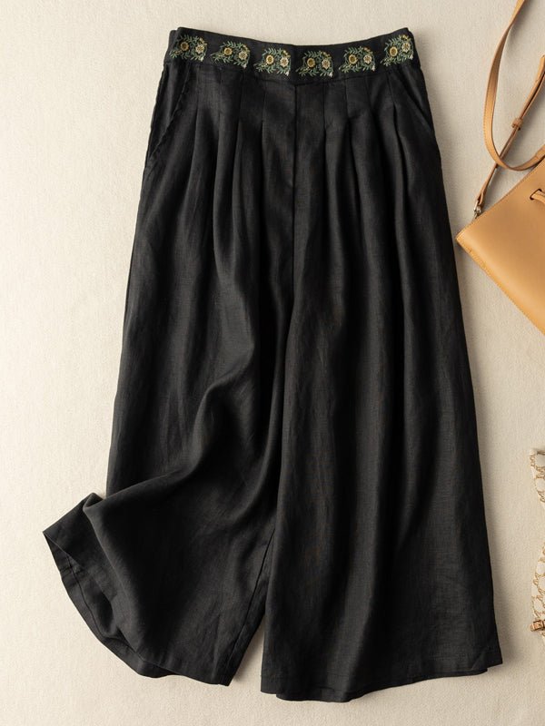 Linen Embroidery Elastic Waist Loose Wide Leg Pants With Pockets