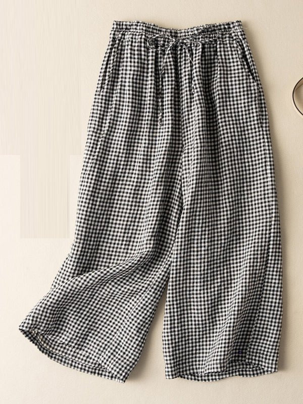 Linen Retro Plaid Print Wide Leg Pants