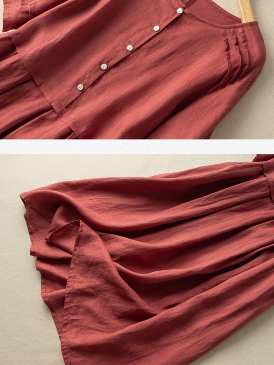 Ramie Linen Round Neck Shirt Dress Short Sleeve