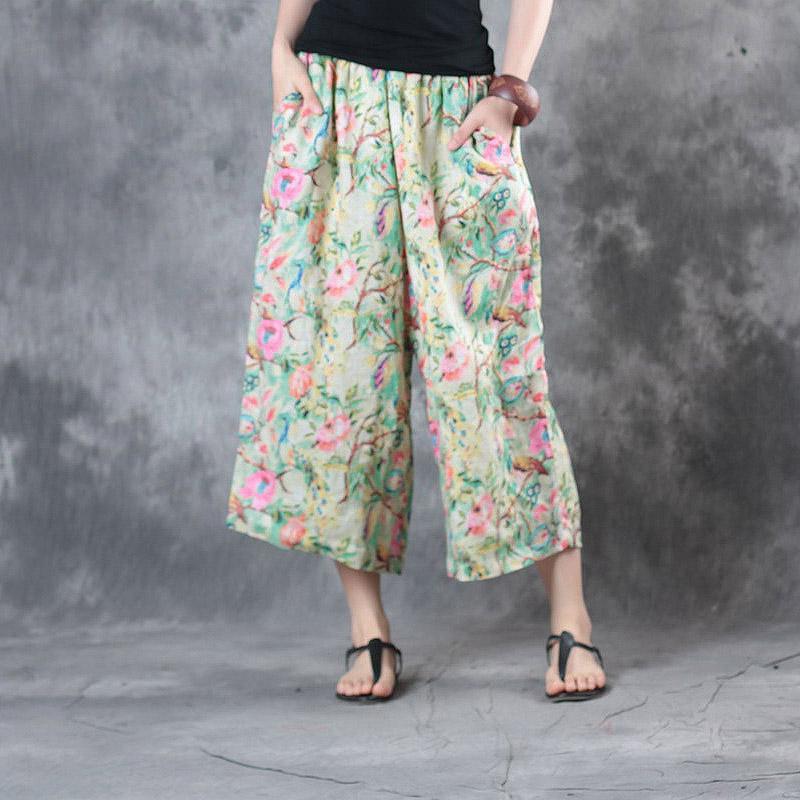 light green floral print linen pants casual loose crop pants - Omychic