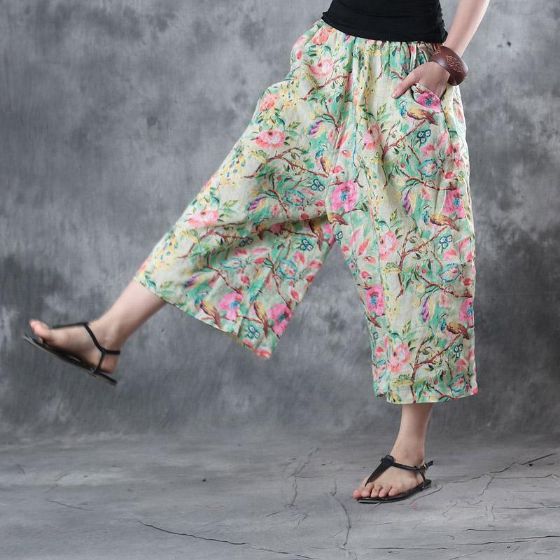 light green floral print linen pants casual loose crop pants - Omychic