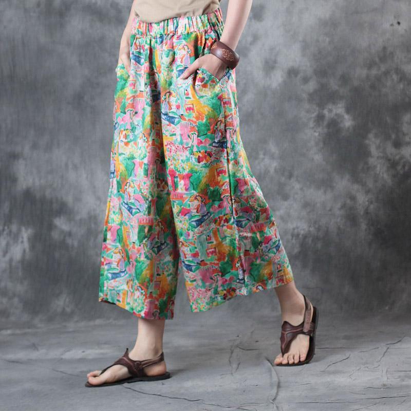 light green floral print linen pants casual loose crop pants - Omychic