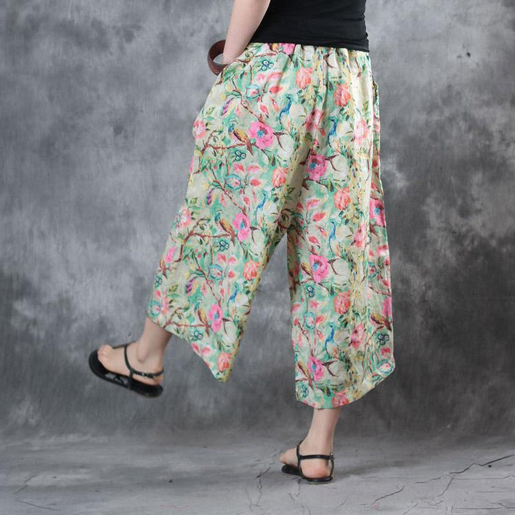 light green floral print linen pants casual loose crop pants - Omychic