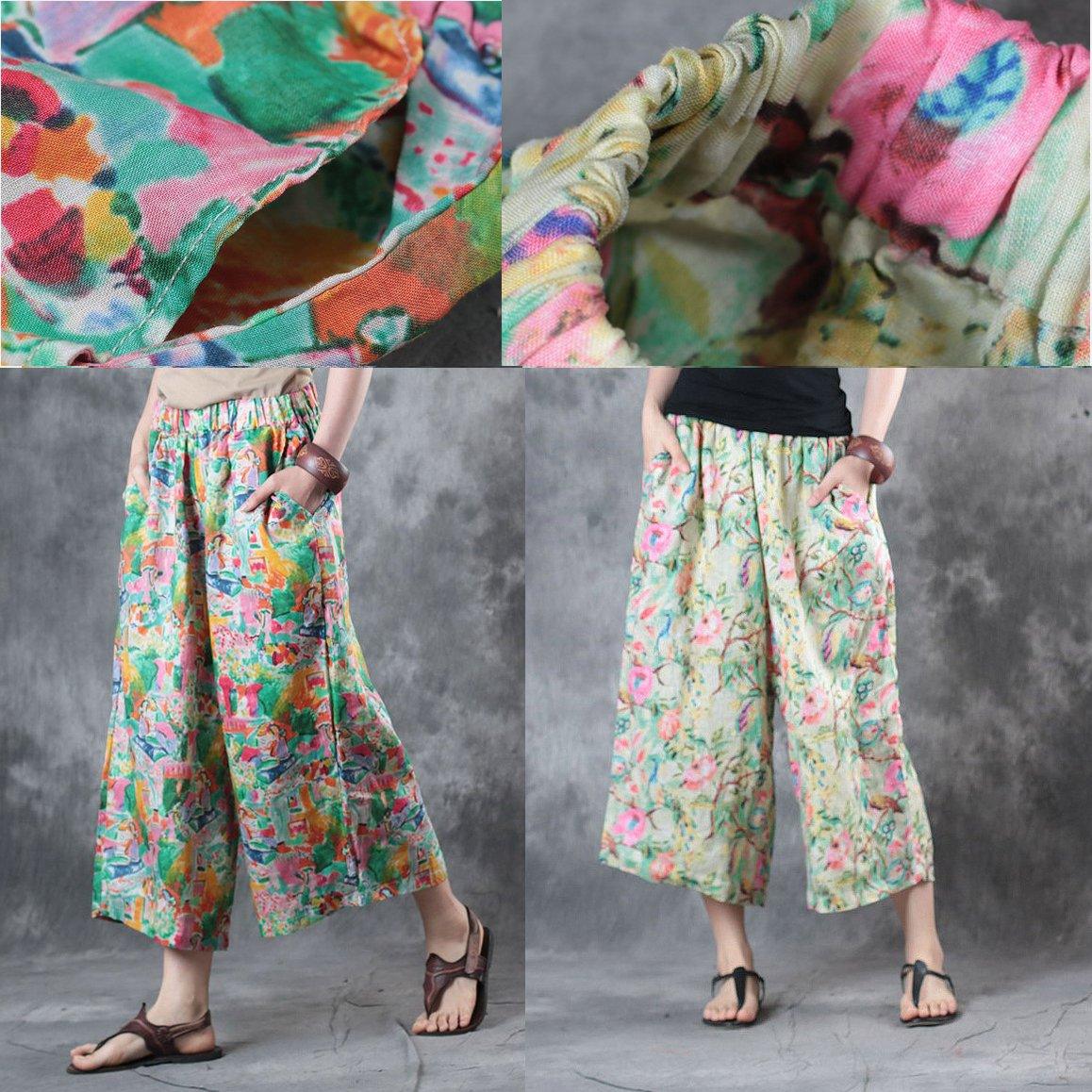 light green floral print linen pants casual loose crop pants - Omychic
