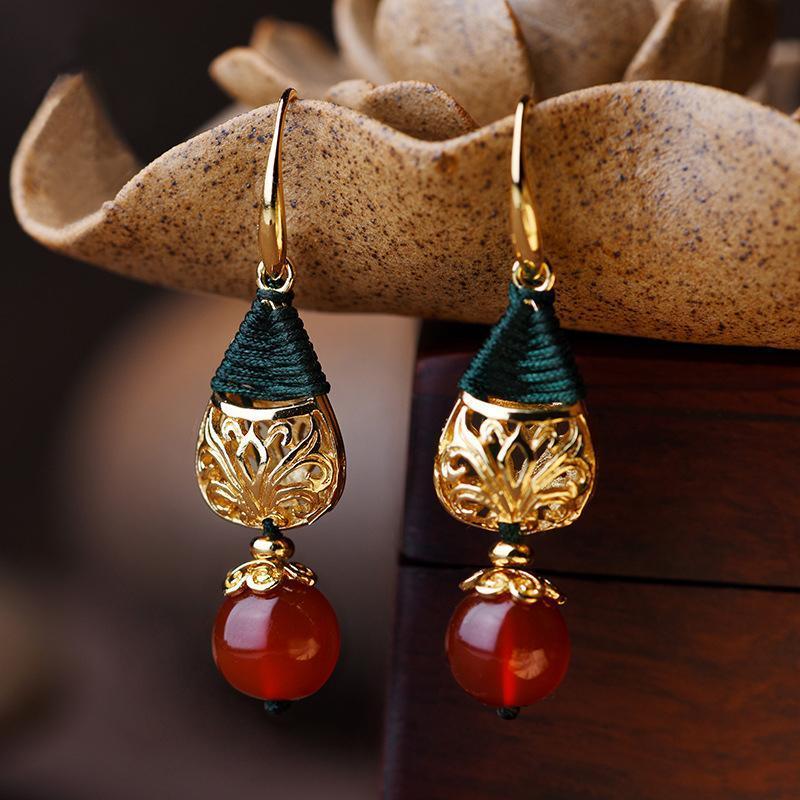 Long Pendant Gold Plated Agate Earrings