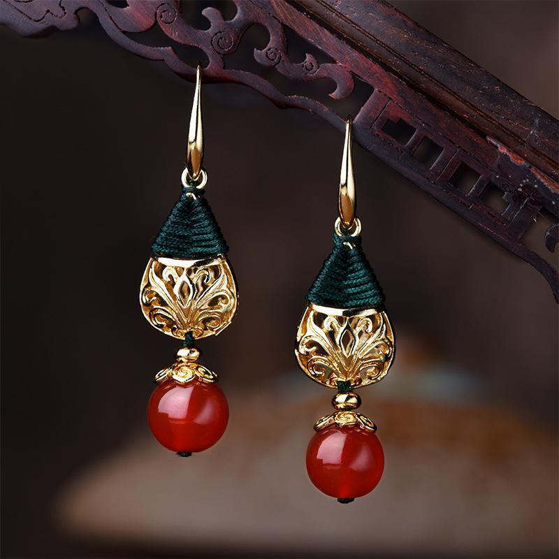 Long Pendant Gold Plated Agate Earrings