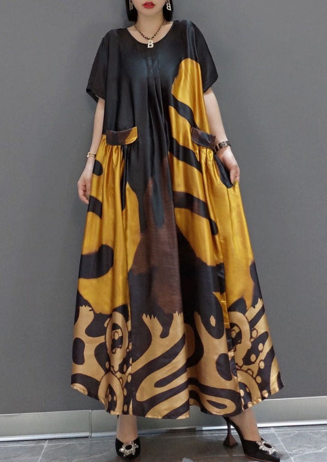 Loose Yellow O-Neck Print Satin Maxi Dress Short Sleeve