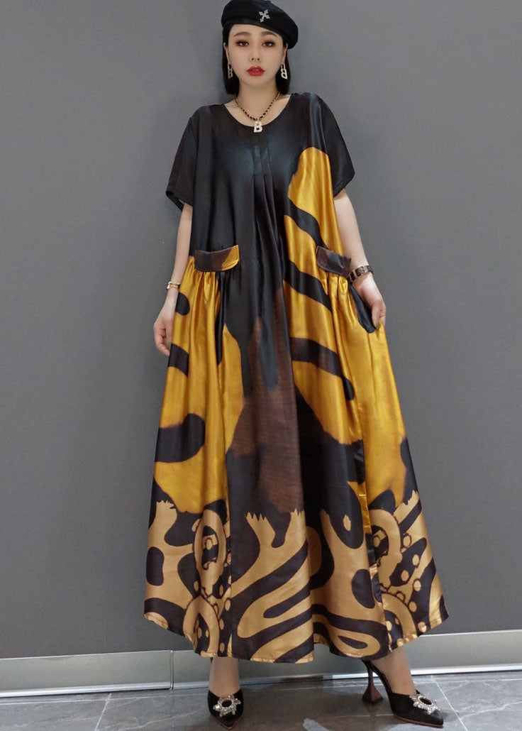 loose black-hem flower O-Neck Print Satin Maxi Dress Summer