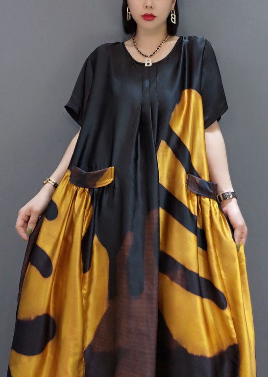 Loose Yellow O-Neck Print Satin Maxi Dress Short Sleeve