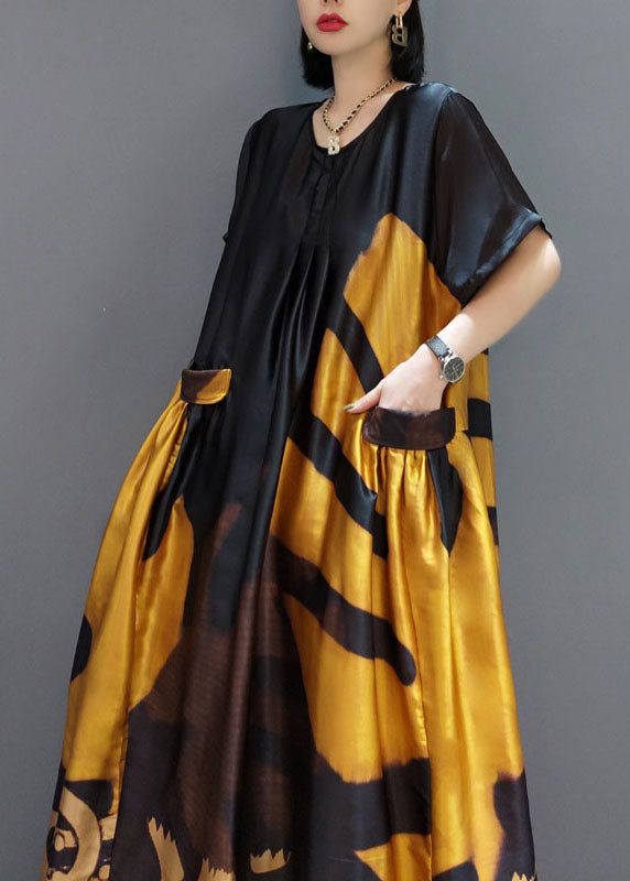 Loose Yellow O-Neck Print Satin Maxi Dress Short Sleeve
