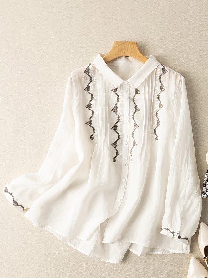 Loose Vintage Solid Embroidered Ramie Shirt Long Sleeve