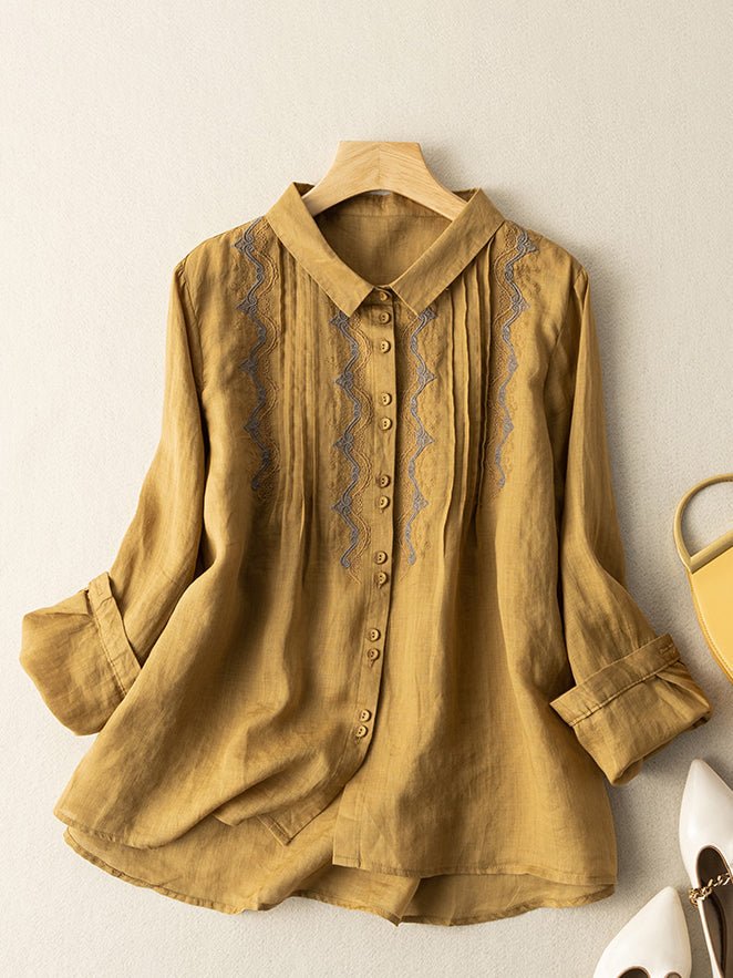 Loose Vintage Solid Embroidered Ramie Shirt Long Sleeve