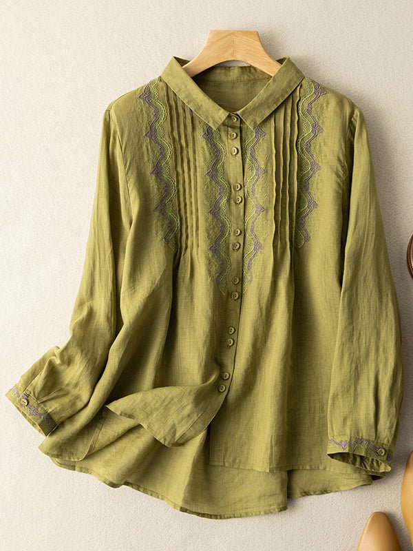 Loose Vintage Solid Embroidered Ramie Shirt Long Sleeve