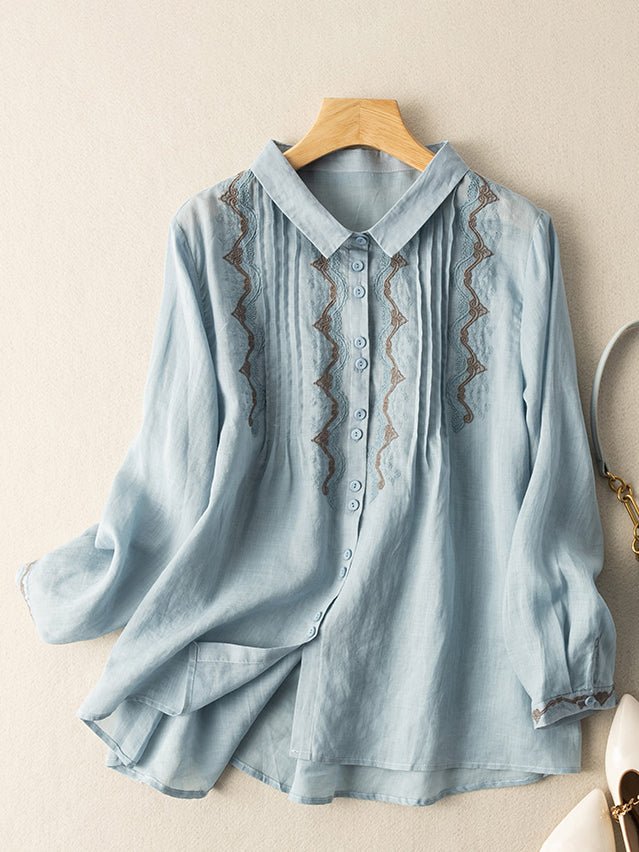 Loose Vintage Solid Embroidered Ramie Shirt Long Sleeve