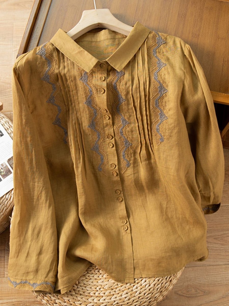 Loose Vintage Solid Embroidered Ramie Shirt Long Sleeve